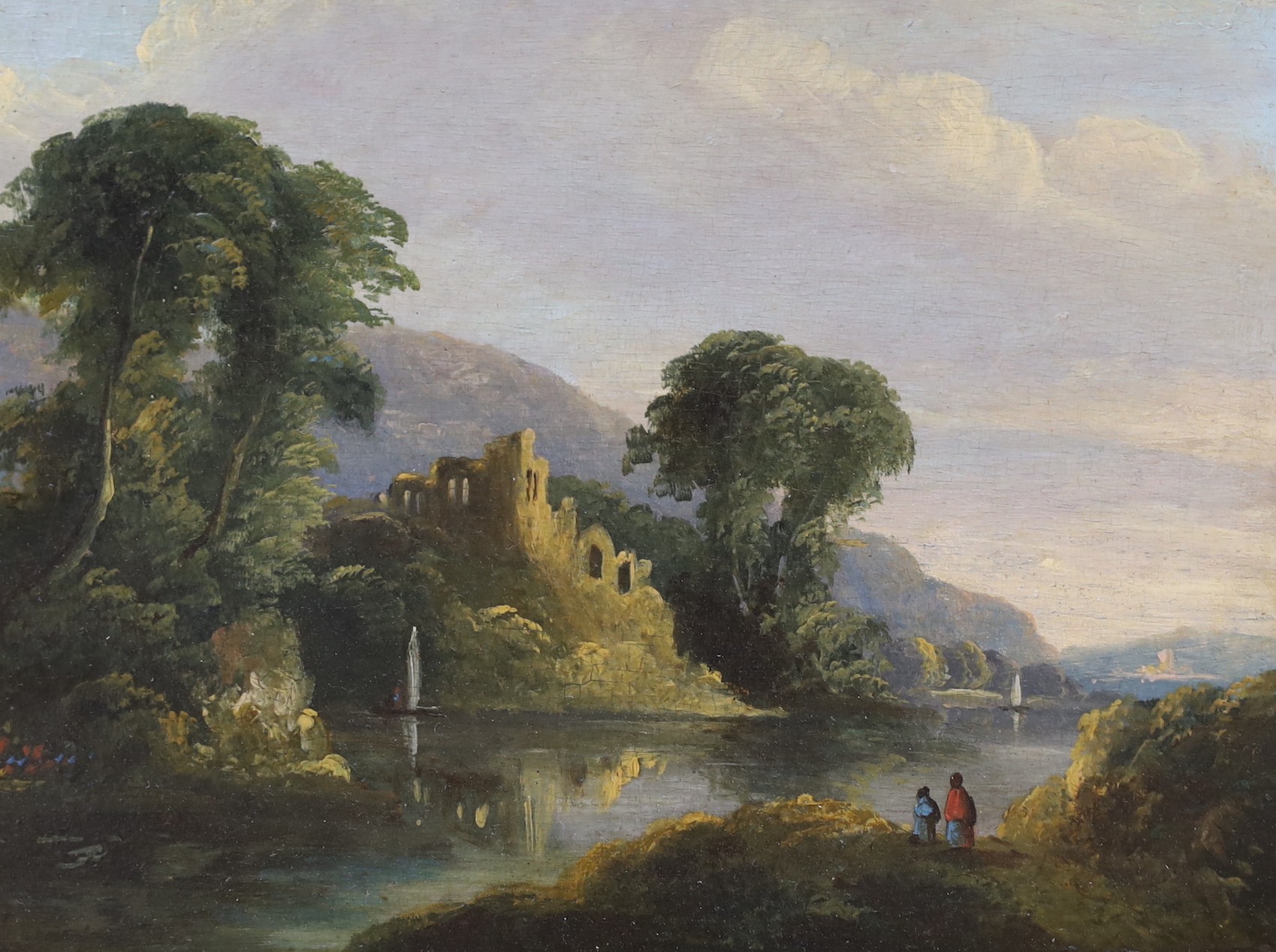 J. Williams, Liverpool (19th C.), pair of oils on wooden panels, Landscapes with travellers and ruins, 17 x 22cm